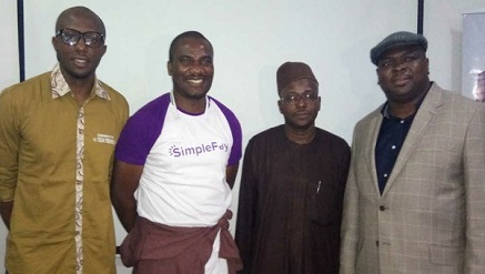 (L-r): Chukwuemeka Fred Agbata Jnr (CFA), the Presenter of Tech Trends on Channels TV and the convener of the CFA's Startups Hangout; Simeon Ononobi, the Founder of both SimplePay and MyAdsApp; Abdullahi Bello Umar, the CEO of MindZone Limited, Kaduna and Adeoye Abodunrin, the ED of Xpos Technologies at the May 2017 edition of CFA;s Startups Hangout.